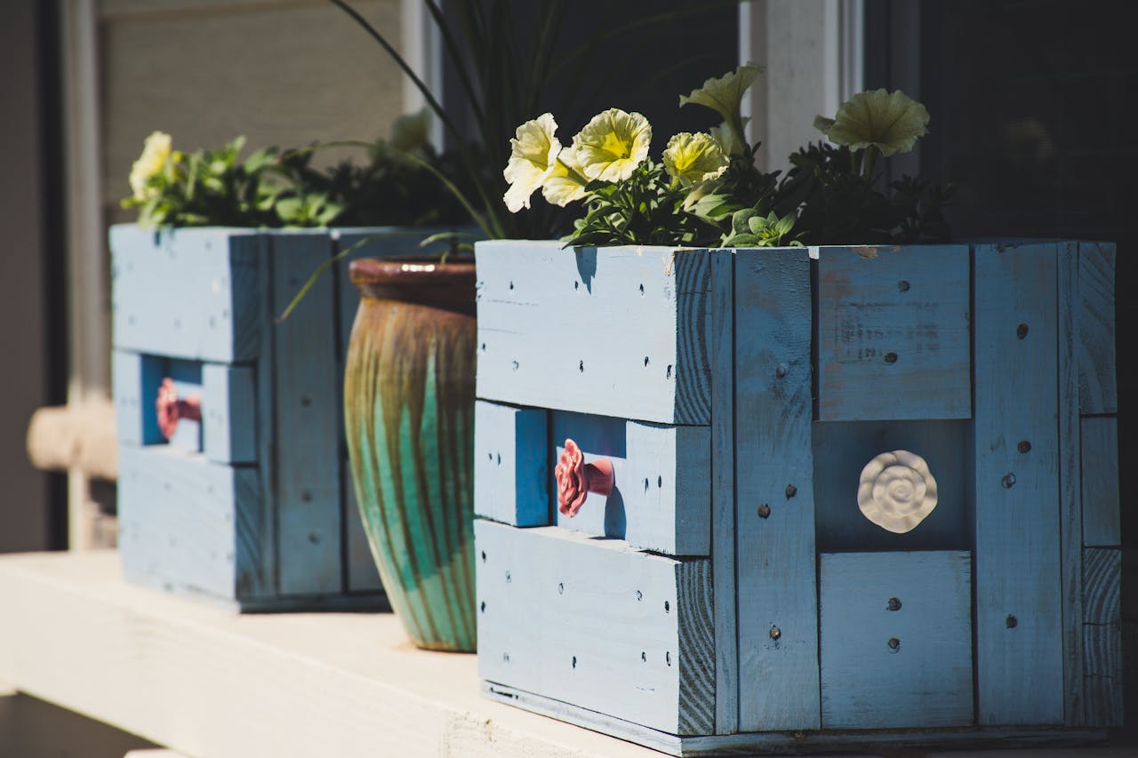 services-03 Charming blue wooden planter boxes filled with flowers on a sunlit porch, perfect for home decor inspiration.